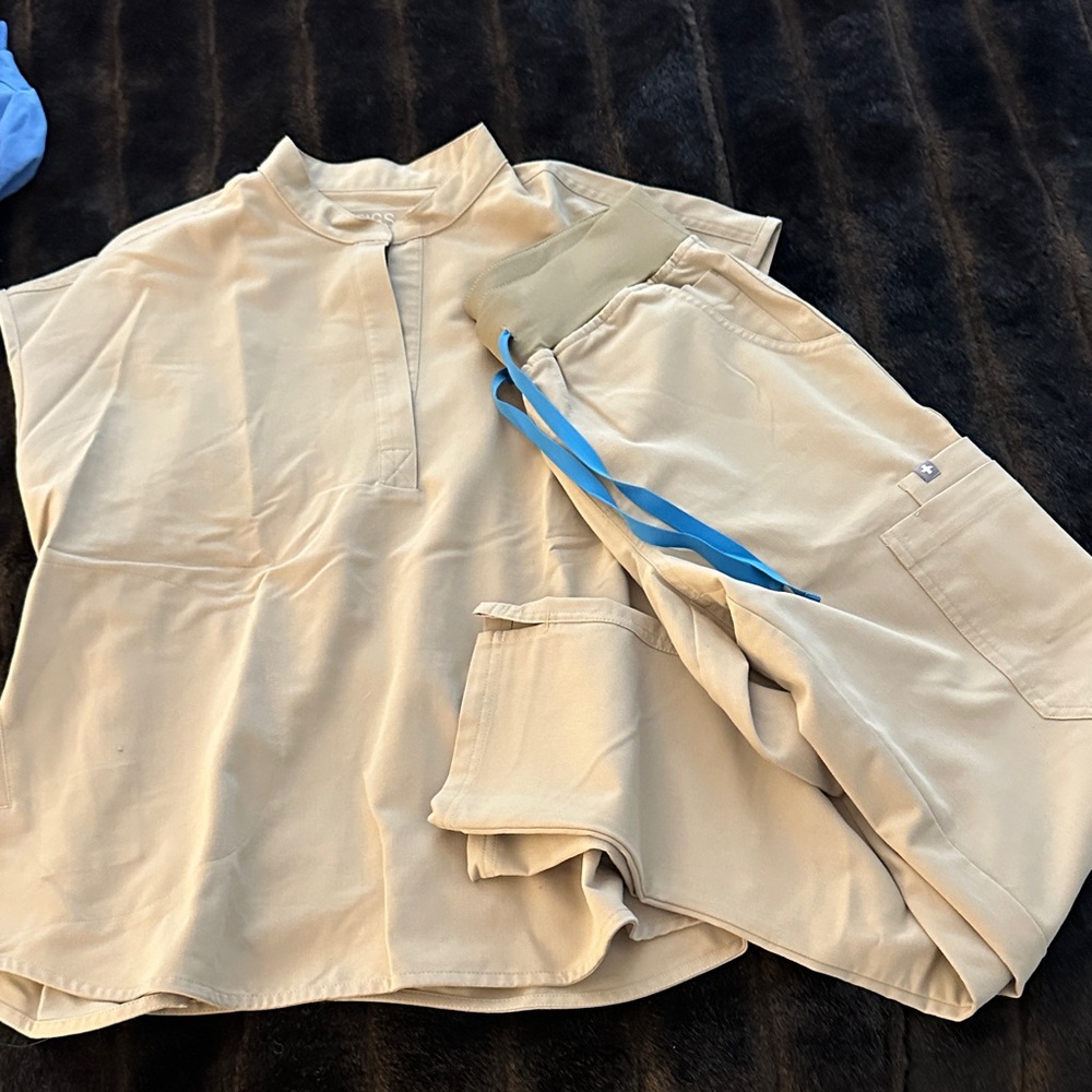 Figs Tan Scrub Set with Blue Accent